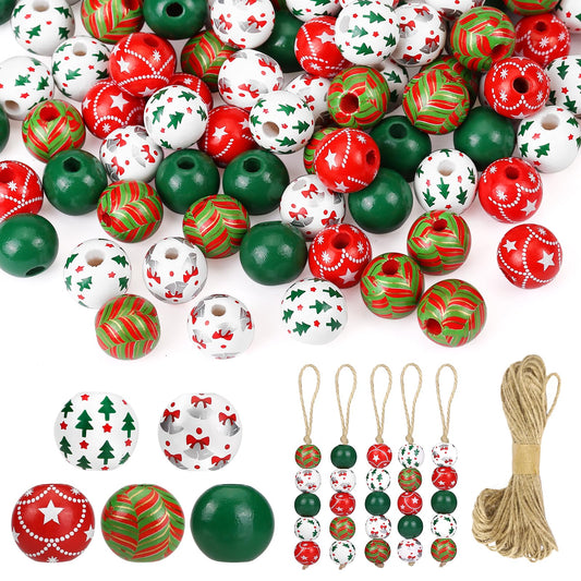 GWHOLE 120PCS Christmas Wood Beads for Crafts, 0.6 Inch Red and Green Christmas Wooden Beads with 65.6 Ft Twine for Xmas Winter Holiday Party Decor Bracelets Necklace DIY Craft