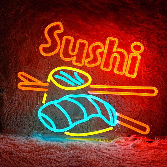Dimmable Sushi Neon Sign 16.5 * 12.6 Inch LED Sushi Light Up Sign For Wall Decor USB Powered Japanese Neon Light for Sushi Shop Restaurant Home Kitchen Party （Yellow Ice Blue Orange）