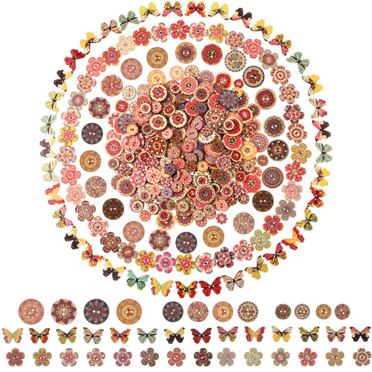 Jexine 400 Pcs Assorted 2 Holes Round Wooden Buttons Colorful Vintage Wood Butterfly Buttons Small Mixed Flower Painting Decorative Bulk for DIY Sewing Handmade Crafts Clothes Accessories