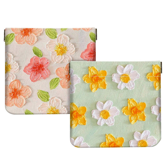 2Pcs PU Leather Small Squeeze Coin Purse Pouch Mini coin Bag Unique And Cute Wallet Cosmetic Bags Change Bag For Women Girls Men （Pink and Yellow Flowers L