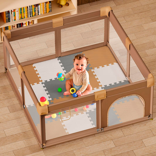 16 Tiles Baby Play Mat for Floor, EVA Foam Baby Floor Play Mat with 0.6 Inch Thick Interlocking Foam Tiles, Foam Floor Tiles for Baby, Toddlers and Kids (Brown-Gray-White, 16PCS)
