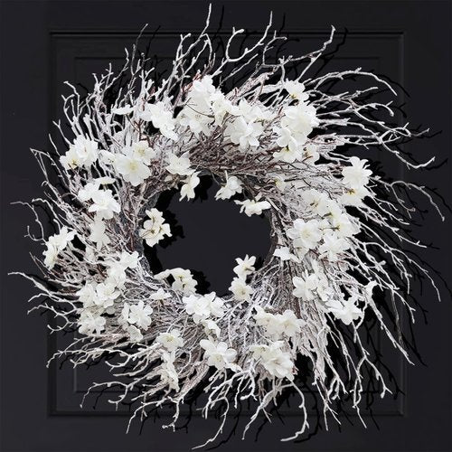 BINFEN 24 Inch Snow Flocked Twig Winter Wreath with White Flowers- Artificial Winter Wreaths for Front Door Porch Wall Window Porch Indoor Outdoor Decor Christmas Decorations (24")
