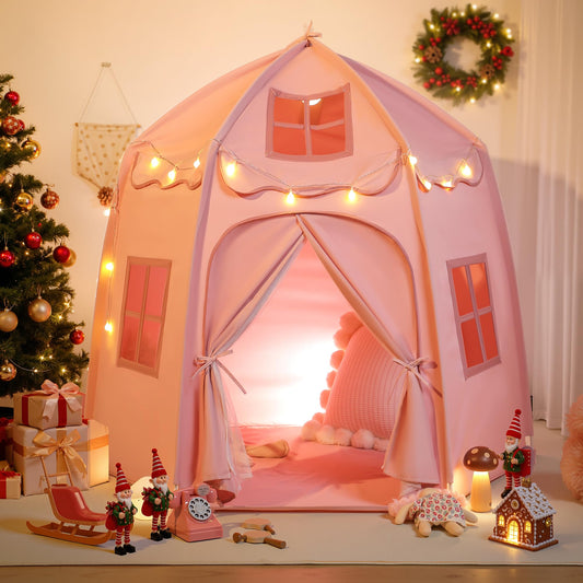 besrey Kids Play Tent, Large Kids Playhouse with 1 Door & 3 Windows, Children's Fort with Star Lights, Indoor & Outdoor Playhouse, Hexagonal Toddler Tent, 61" x31.5" x 51", Pink