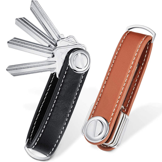 2 Sets Leather Key Organizer Compact Folding Pocket Key Holder up to 16 for Mens Father's Day Gift(Black, Brown)