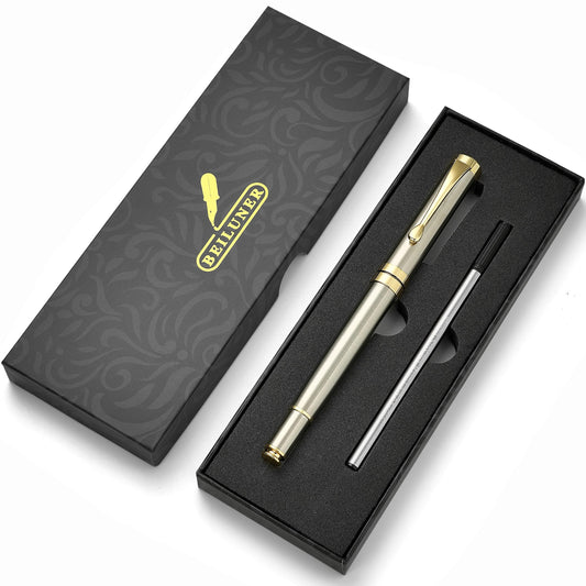 BEILUNER Ballpoint Pens, Stunning Silver Chrome Metal Pen with Golden Trim, Best Ball Pen Gift Set for Men & Women, Professional, Executive, Office, Nice Pens-Gift Box with 0.5mm Extra Black Refill