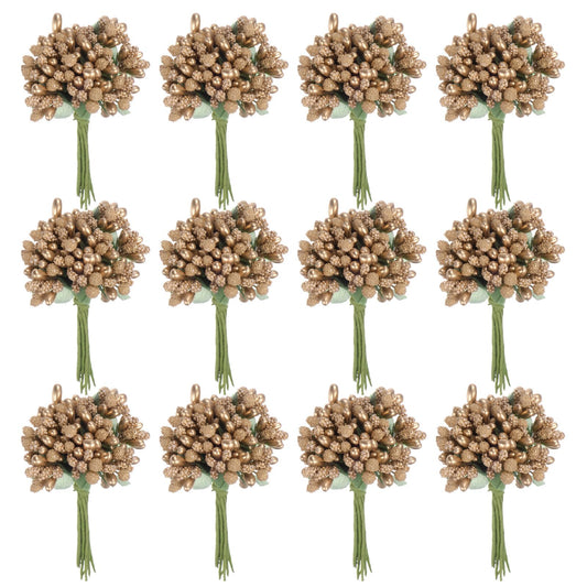 M METERXITY 144-Pack Artificial Flower Stamen Kit, Mini Frosted Holly Berry Stems for Wedding Decor, Flower Stamens for Craft DIY Wreaths/Birthday/Flower Arrangements Decorations [Gold]