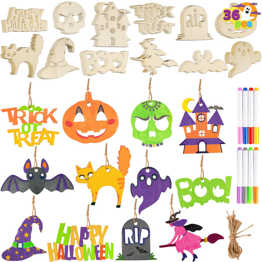 JOYIN 36 Pcs Halloween Craft Wooden Painting Kit, Halloween Party Supplies, Party Favors for Kids, Wood Blank Cutouts Ornaments, Gift Tags Decor for School Art DIY Activities Goodies Games(Age 8+)
