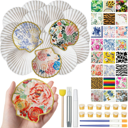 Crtiin 48 Pcs Decoupage Kits, 18 Pcs 4'' White Scallop Shells, 24 x Assorted Decoupage Paper Napkins with Glue Paint Strips Pigments and Paint Brushes for Home Decor Ornaments DIY Arts Crafts (Fun)