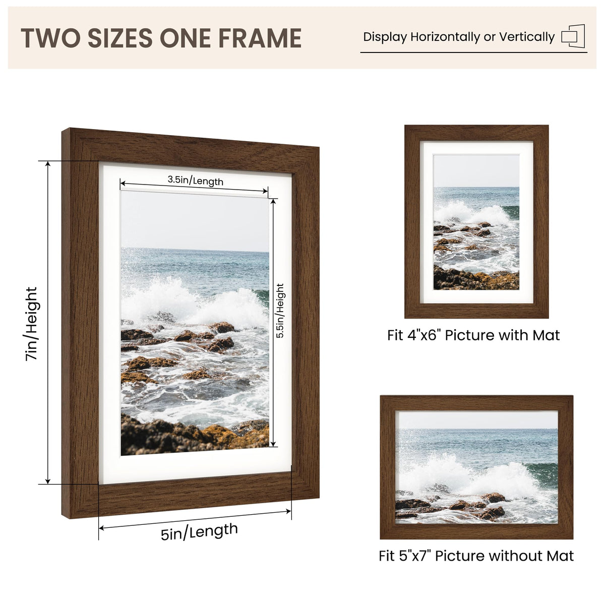 FLYJOE 5x7 Oak Wood Picture Frame with Mat for 4x6, 5 by 7 USA-Sourced Natural Solid Wooden Photo Frame for Wall & Tabletop Display, Shatterproof Plexiglass, 1 Pack, Walnut Color