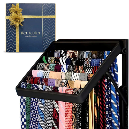 TieMaster Tie Rack and Scarf Organizer, Battery-Free Design, Holds 60 Ties and Scarves with 5 Belt Hooks, Easy Installation, Wall Mounted Tie Organizer, Luxury Gift for Men & Women