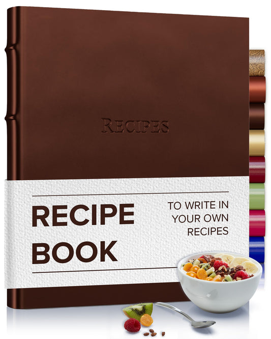 Gallery Leather Recipe book to write in your own recipes - 3 Ring Recipe Binder With Plastic Sleeves, Blank, 25 Pocket Pages and Ivory Cards, Fillable - Freeport Metallic Bronze - 9.25 x 8 "