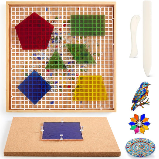 Roowest 12" x 12" Stained Glass Cutting Mat with Tray glasses Cutting Mat and 2 Burnishers Double Layer Detachable Design Stained Glass Supplies for DIY Craft Tool Scoring Severing Catching Shards