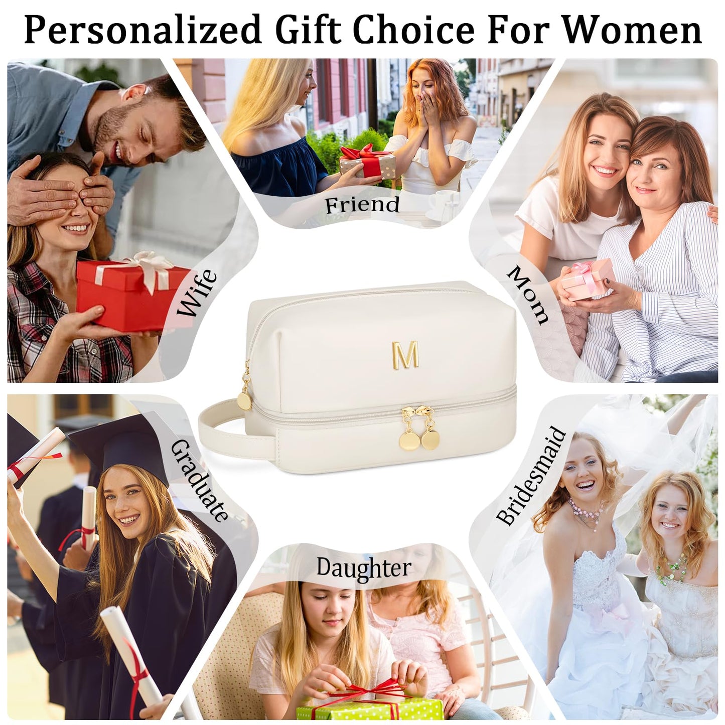 CLOUDWINGS Initial Makeup Bag for Women - Personalized Double Layer Cosmetic Bags with Makeup Brush Organizer, Hanging Travel Toiletry Bag with Large Capacity, Gifts for Mom Girlfriend Wife（Beige M）