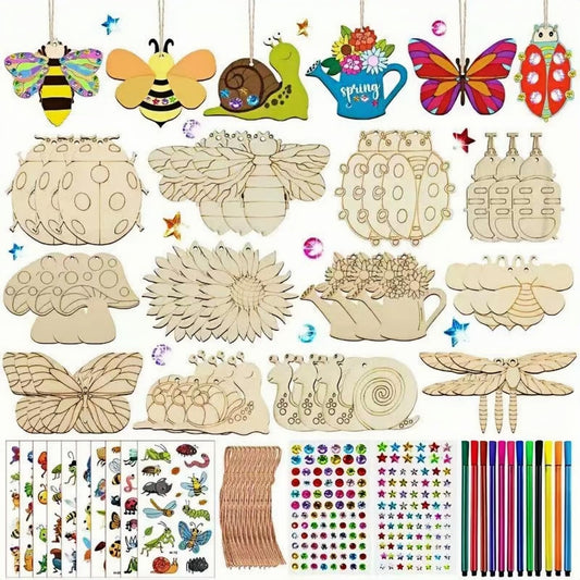 ShaoAngDuoMi 36PCS Paint Your Own Wooden Crafts Kit for Kids – DIY Plant & Insect Wood Shapes with Paint Pens & Stickers, Family Art Activity, Garden Tree Hanging Decorations, Creative Gift