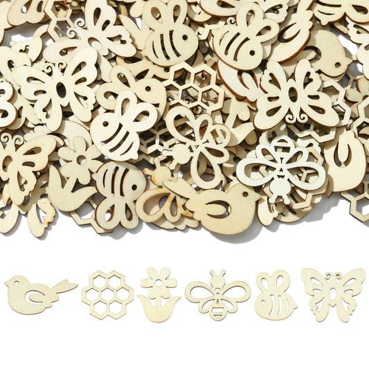 UR URLIFEHALL 200 pcs Random Wooden Spring Ornaments to Paint Blank Unfinished Flower Butterfly Bee Wood Cutouts for Crafts Hanging Decorations