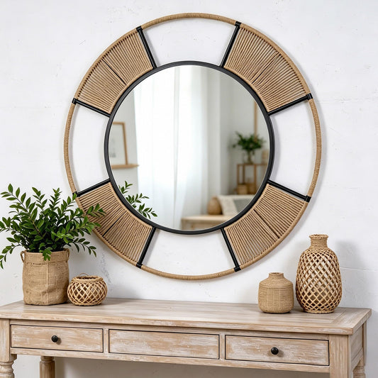 Autdot Large Boho Round Wall Mirror for Living Room, 42.5'' Coastal Circle Mirror with Detachable Rattan Frame, Rustic Circle Mirrors for Dining Room Bathroom Hallway Entrance