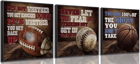 3Pcs Sports Inspirational Canvas Wall Art Boys Room Paintings Wall Decor Vintage Basketball Baseball Football Pictures Poster Prints for Nursery Game Room Gym Decorations 12x12in Unframed