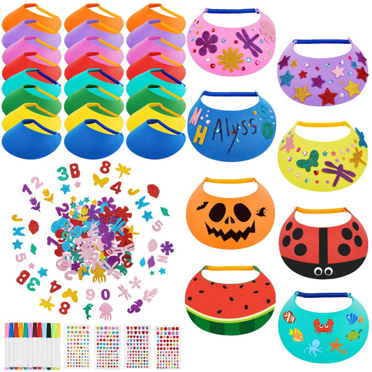 Outus 35 Pcs Assorted Craft Decorations with 24 Foam Visors for Kids, DIY Sun Visor Kit with Stickers & Markers for Arts & Crafts Activities (Bright Color)