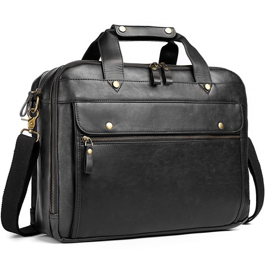 Bosidu Leather Briefcases for Men 15.6 Inch Laptop Messenger Bag with Triple Compartments Water-Resistant Computer Shoulder Bag for Business, Travel, Work, Office, Black