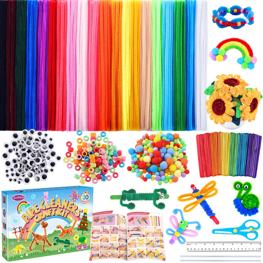 Funtopia 750pcs Pipe Cleaners Arts and Crafts Supplies for Kids, 20 Colors Chenille Stems with Craft Sticks & Pom Poms, DIY School Projects with 20 Simple Patterns Manual for Kids Ages 4 5 6 8 12