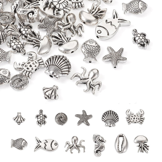 Fashewelry 60pcs Ocean Animal Tibetan Loose Spacer Beads Turtle Shell Fish Antique Silver Sea Life Creatures Alloy Western Beads for Necklace Bracelet Earring Craft Jewelry Making Supplies