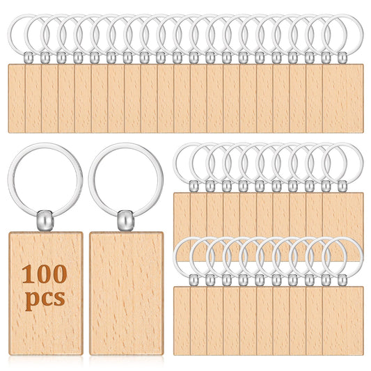 SHENLIU 100 Pcs Wood Keychain Blank, Unfinished Laser Engraving Blanks with Key Rings, Rectangular Keychain Ring Tag Wood Sign for DIY, Crafts Gift, Pet Tags