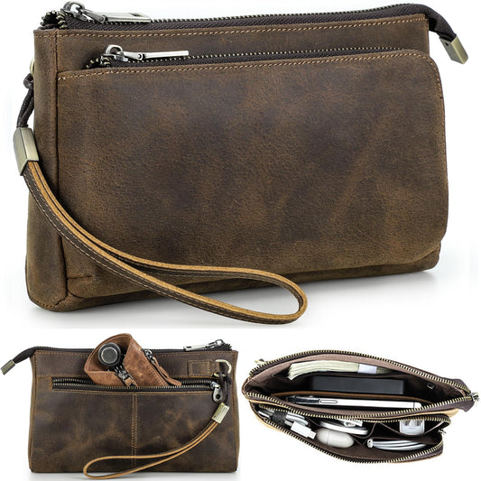 CataPurus Electronic Organizer Zipper Bag Tech Kit, Top Grain Leather Handmade, Portable Compact Travel Apple Accessories Storage Pouch Fits Phone, USB Cables, Power Banks, Chargers, Hard Drive