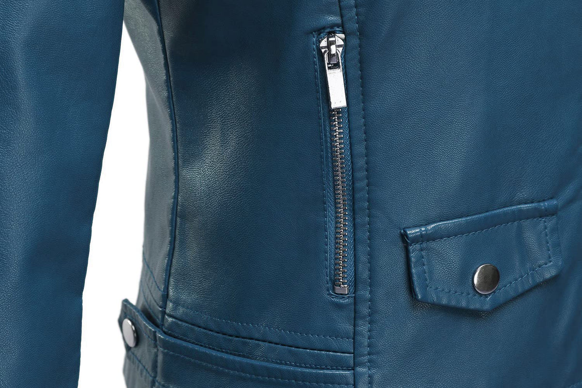 Tanming Women's Faux Leather Moto Biker Short Coat Jacket (Blue-M)