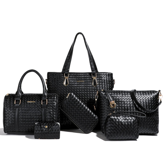 OTMIPIML Purses and Handbags for Women Synthetic Leather Tote Crossbody Bags Satchel Purses Set 6pcs (4A-Black-woven)