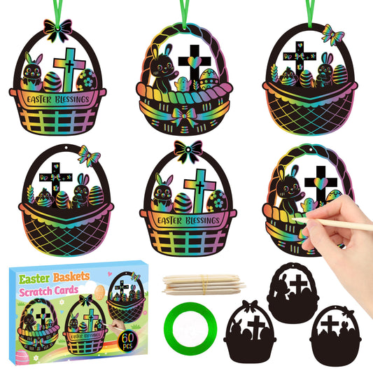CY2SIDE 60PCS Religious Baskets with Egg Cross Scratch Card Gift Set DIY Christian Jesus is Risen Scratch Paper Craft for Kid Sunday School Activity Easter Bunny Magic Art Rainbow Color Paper Ornament