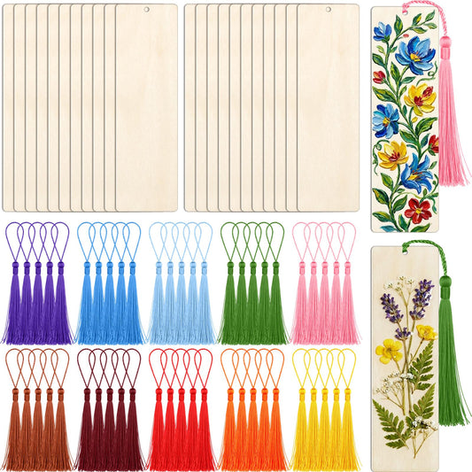 Yexiya 300 Pcs Bookmark Making Kit, 150 Unfinished Wood Bookmarks with 150 Colorful Tassels Bulk Blank Rectangle Wooden Tags with Holes for DIY Crafts Teacher Appreciation Graduation Mother's Day