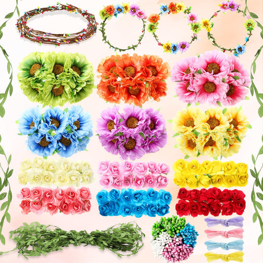 Suncalla 30 Sets Flower Crowns Making Kit, Make Your Own Flower Crown Wreath Garland Headbands and Bracelets Craft Kit Handmade DIY Floral Hair Accessories Gift for Women(Azalea)