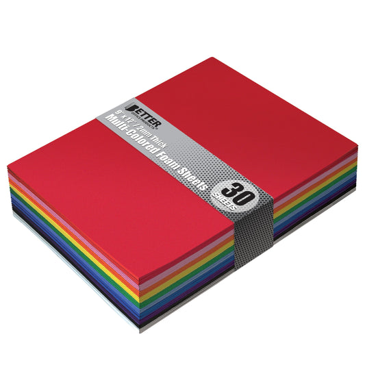 Better Office Products 30 Pack EVA Foam Sheets, 9 x 12 Inch, Assorted Colors (10 Colors), 2mm Thick, for Arts and Crafts, 30 Sheets