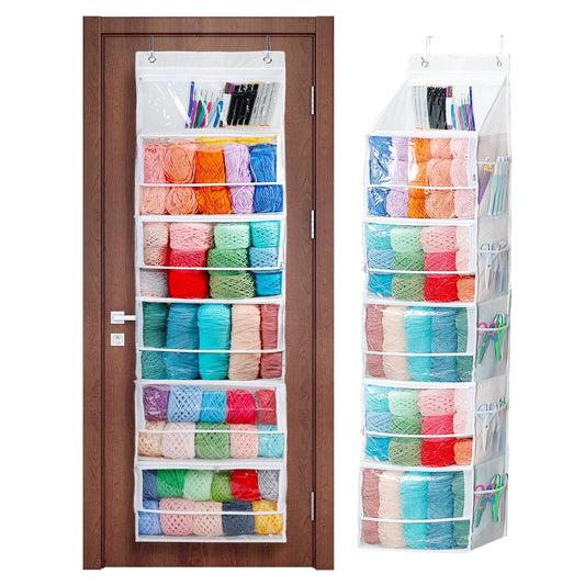 Bounlgsr 6 Large Hanging Yarn Storage Organizer with Double Zippers,10 Side Pockets, Large Capacity Knitting Needle Organizer, Over Door Yarn Organizer for Knitting Needles and Yarn