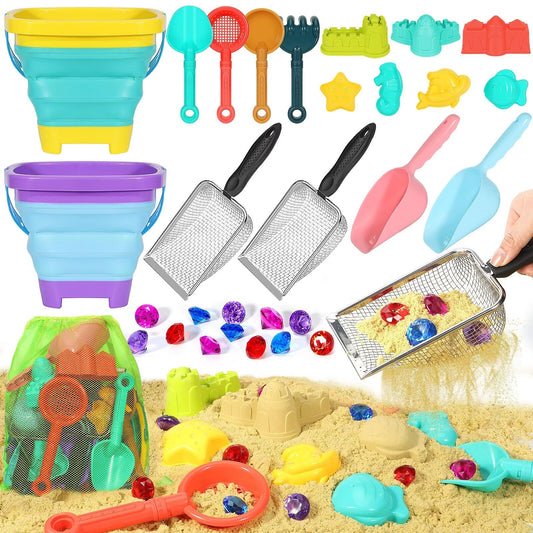 Beach Sand Toys for Kids,Sand toys with 2 Collapsible Beach Bucket,2 Beach Sifter Shovel,Sand Shovel Set,Sand Castle Kit,Sea Animal Molds,Diving Gem Pool Toy,Mesh Bag Travel Toys for Toddler 3-10