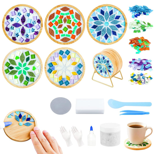Karidge 5 Sets DIY Mosaic Tiles for Crafts, Mothers Day Gifts Mixed Color Mosaic Coaster Kit Material Package for Adults Women, Wooden Coaster for Drinks Tray Handmade Home Decoration and Gift Idea
