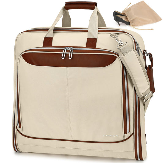 TONRUYN Travel Garment Bag Carry on Suit Bag for Women 51'' Waterproof Garment Bags Dress Bag for Travel Business Hanging Suitcase Luggage with Shoulder Strap Free shoes bag Fit 15.6'' Laptop, Beige