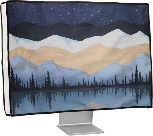 27-28" kwmobile Dust Cover for Monitor - Linen Monitor Protector with Design - Starry Night Lake White/Light Brown/Dark
