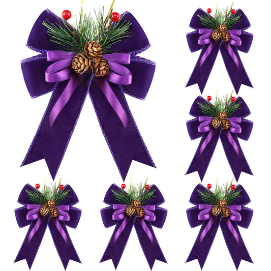 Syhood 6 Pcs Christmas Bows with Pine Cones Pine Needles Xmas Velvet Bows Purple Velvet Ribbon Christmas Tree Wreath Decoration for Xmas Parties Indoor Outdoor Crafts DIY Decor