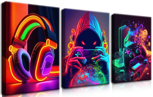 Eysintum 3pcs Framed Game Room Wall Art Gaming Decor Set Colorful Gaming Posters with Headset Controller and Gamer Character for Bedroom Playroom or Teen Boys Room 12x16in