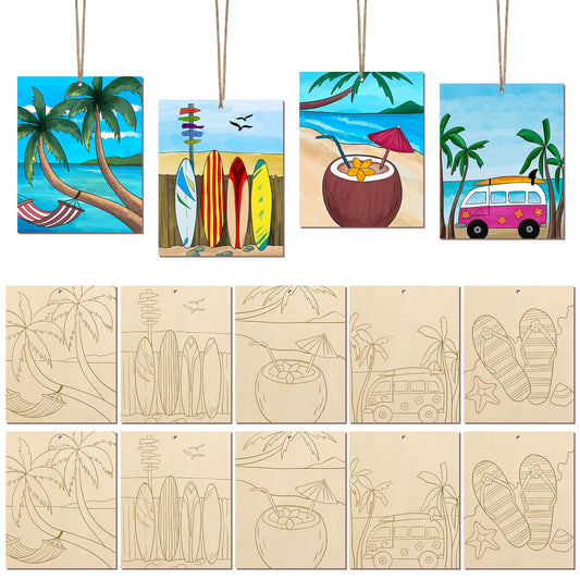 COCHIE 10 Pieces Large Summer Unfinished Wood Crafts to Paint for Adults, Bulk Predrilled Wooden Ornaments for Painting, Beach Paintable Wood Slices Craft Supplies with Ropes