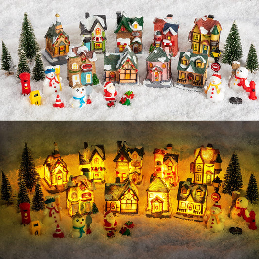 Vinsot 30 Pcs Christmas Village Sets Light Up Christmas Town LED Tiny Resin Village Figurines Collection Display Xmas Table Decor Ornaments