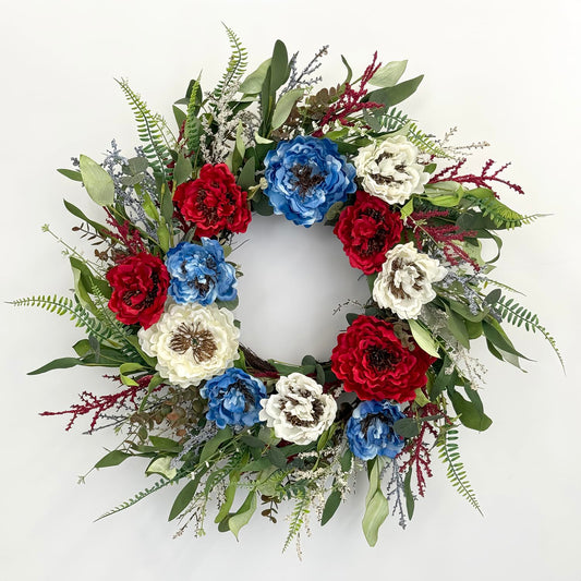 24 Inch Patriotic Wreaths for Front Door, 4th of July Wreaths for Front Door, Peony Eucalyptus Patriotic Summer Flag Wreath Handcrafted Memorial Day Artificial Flowers Wreath for Indoor and Outdoor