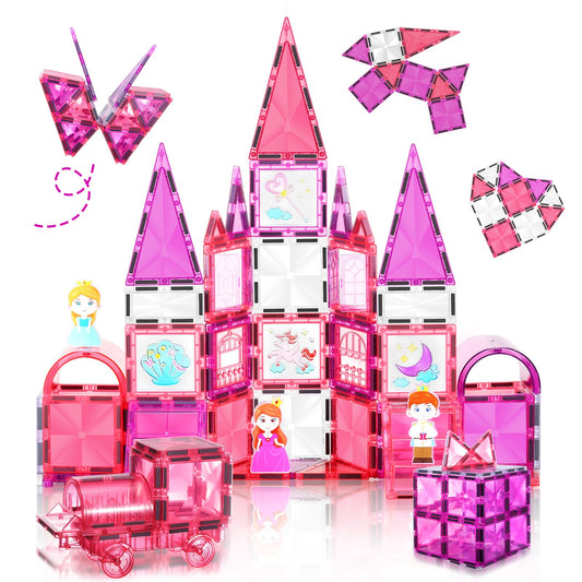 W WISE BLOCK 101PCS Magnetic Blocks Set Including Cars and Accessories, Princess Magnet Building Tiles Sets, Castle Magnet Blocks STEM Toys for Girls Kids Ages 3 4 5 6 7 8 9+ Year Old