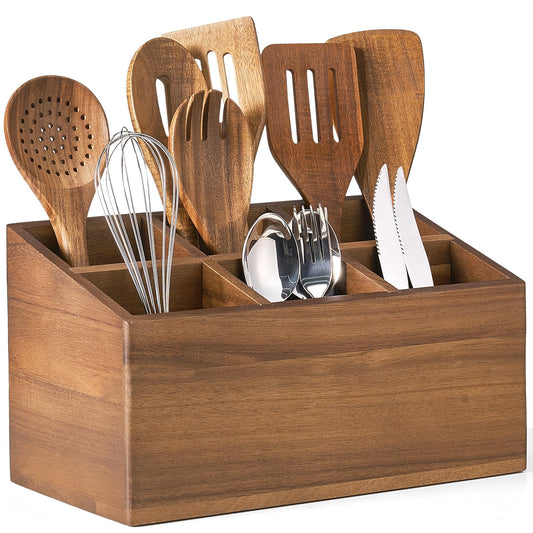 ONEARF Wooden Utensil Holder Counter, Kitchen Utensil Organizer Large 6 Compartment Cooking Utensils Holder, Acacia Rustic Wood Farmhouse Storage Container Crocks for Silverware and Cooker Set