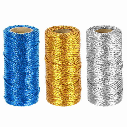 HARFINGTON 3 Roll 1.5mm Metallic String, 16 Ply Decorative Metallic Bakers Twine Thread Cord Rope for Gift Wrapping DIY Crafts Making Decor, Gold Tone/Silver Tone/Blue, 164Yards Total
