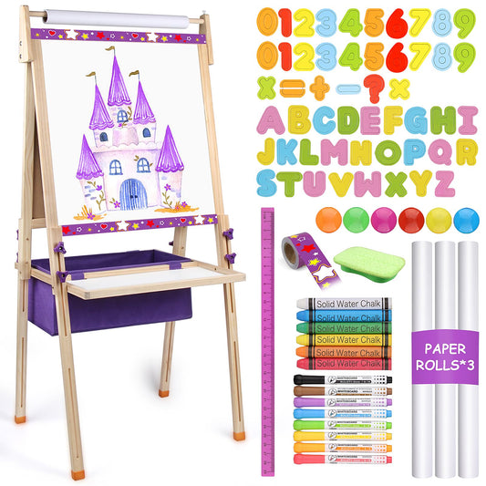 Vinlon Art Easel for Kids Ages 4-8, Premium Whiteboard & Chalkboard with 3 Paper Roll, Adjustable Double-Sided Easel Stand, Easter Gift Easter Basket Stuffers for Kids Ages 4 5 6 7 8