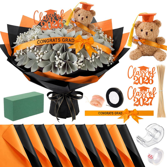 Seenelling 80 Pcs Graduation Money Flower Bouquet Wrapping Accessories Kit, 20 Flower Wrapping Paper 50 Sticks 2 Card Inserts 1 Bear 3 Ribbons DIY Crafts Gifts for Graduation Birthday(Orange)