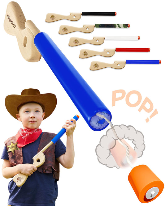Blue Toy Pop Gun for Kids-Wooden Toy Guns for Boys 3-12 Yrs-Fake Handgun with Sturdy Wood Finish & Durable Silicone Stopper-Fun Hand Rifles & Pistol Toys for Small & Big Kid Play-Made in The USA
