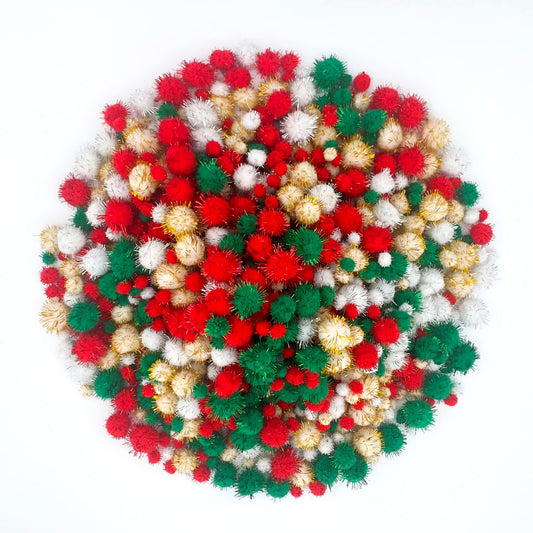 Lusy DM 1200 Pieces Christmas Pom Pom Glitter Pom Pom Balls Christmas Tinsel pom pom for Craft Making and Hobby Supplies (4 Sizes, Gold, White, Red, Green)